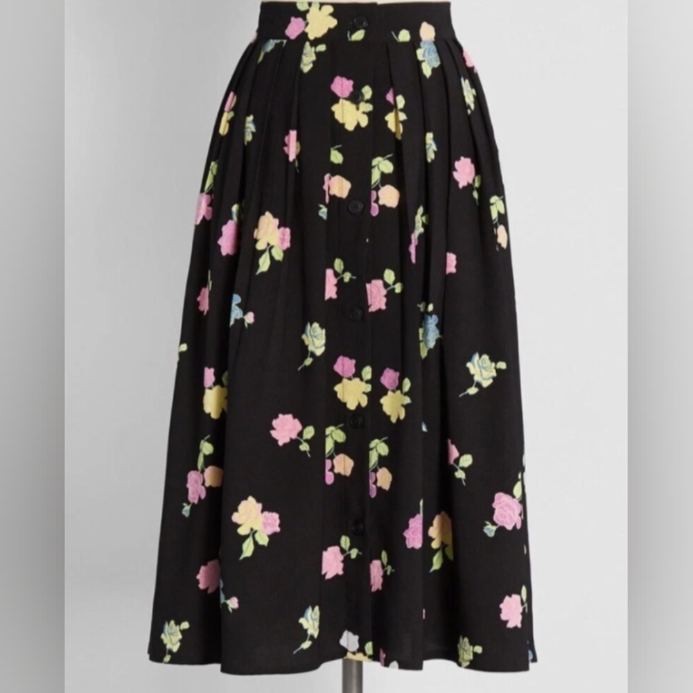 ModCloth Black A-Line Midi Skirt with Pink, Yellow & Blue Floral Print
